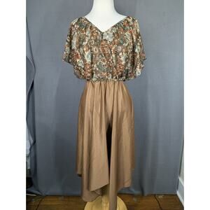 Vtg XS/S Dress Brown Floral Asymmetrical Handkerchief Hem Midi Tie Waist